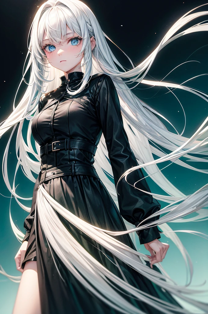 woman, adolescent, long white hair and blue eyes, wearing black and green clothes