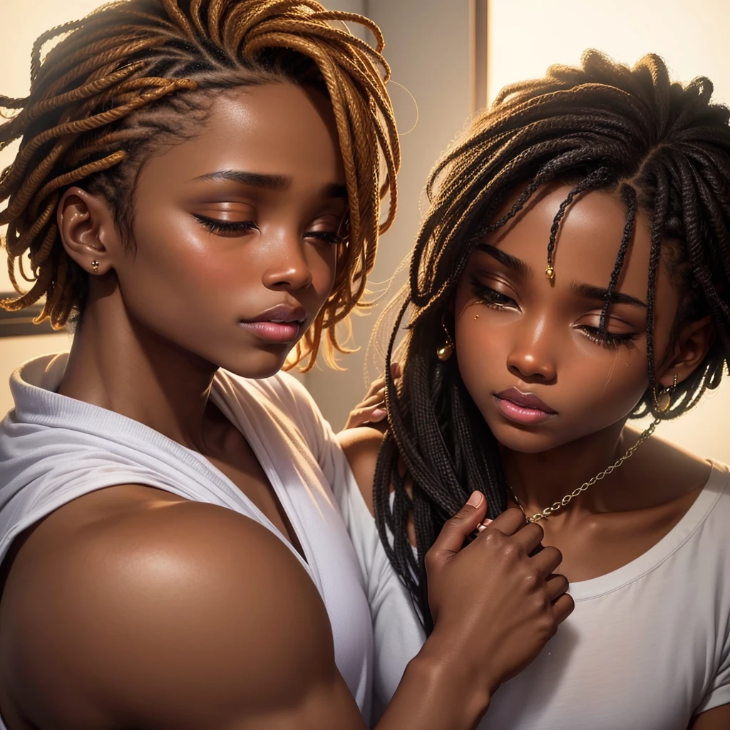 1girl, 1woman, (arafed 20 yo girl, blonde), (a 55 yo  african woman, black hair, afro hair, dark brown skin), (lesbian kiss), (sexual arousal:0.9), (sweating:0.8), surprised, guilty, dark theme, soothing tones, muted colors, high contrast, (natural skin texture, hyperrealism, soft light, sharp, perfect face)