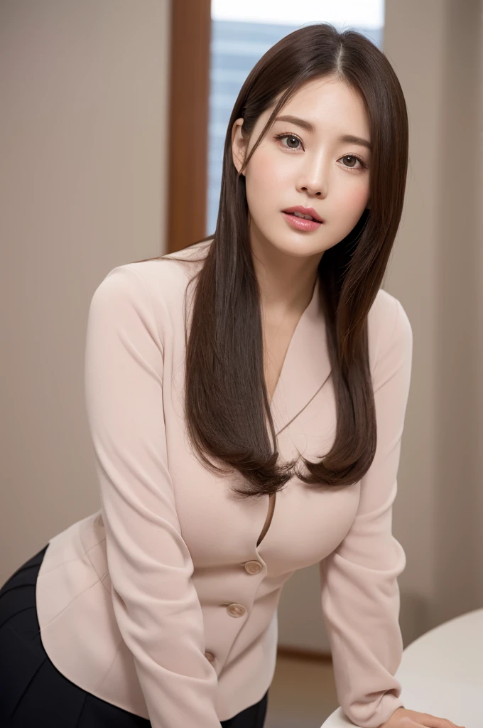 Mature Young,Office Clothes,Erotic style,very cute,whole body,Beautiful and soft skin、Perfect Face、Perfect Face,Gorgeous long brown hair,8K resolution,Ultra-realistic,Very detailed,high quality,Fashionable erotic beautiful immature woman ,(Look at the viewers)