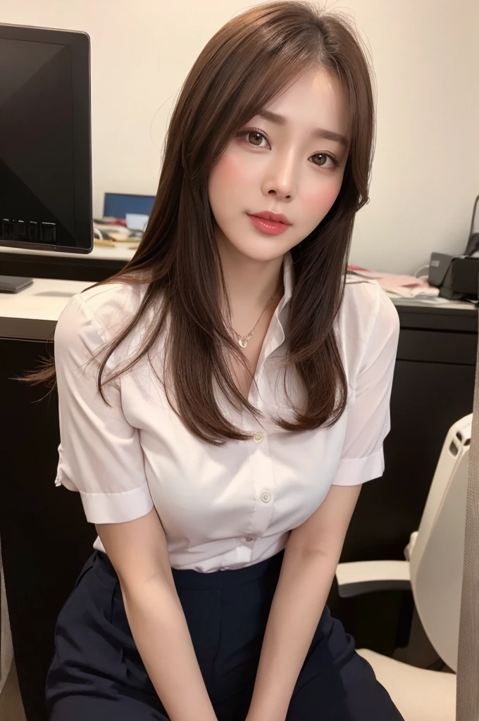 Mature Young,Office Clothes,Erotic style,very cute,whole body,Beautiful and soft skin、Perfect Face、Perfect Face,Gorgeous long brown hair,8K resolution,Ultra-realistic,Very detailed,high quality,Fashionable erotic beautiful immature woman ,(Look at the viewers)