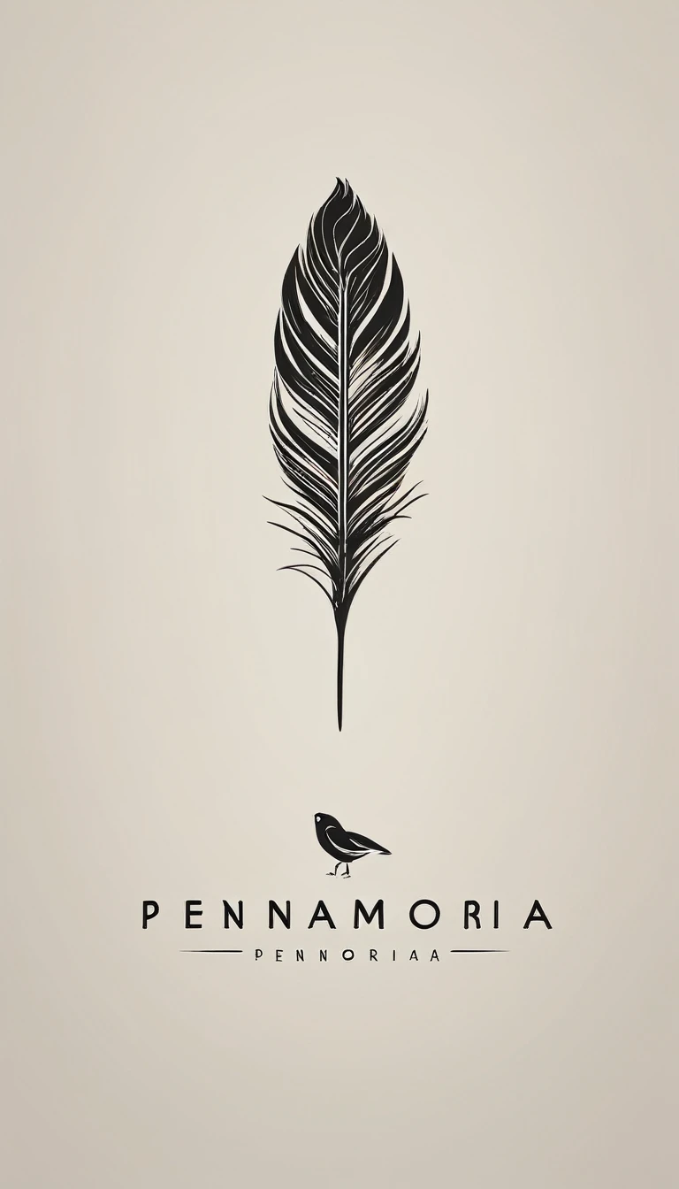 A minimal, modern, simple, cinematic logo design for the brand “Penamemoria". Create a modern, minimalistic, high-quality, logo of a feather-bird