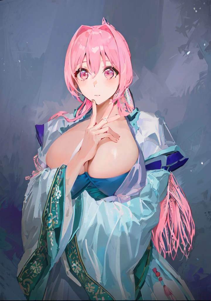 Pink Hair、Anime girl in blue dress poses for photo, Pink ponytail头发和粉色眼眸, Produced in collaboration with Anime Painter Studio, In the anime painter studio, Portrait of the Knights of the Zodiac,  Sonison，超级Sonison，Celluloid，Three Kingdoms，Chinese style，antiquity，Hanfu，，Huge Breasts，Good shape，Pink ponytail，Pink long hair，Costume