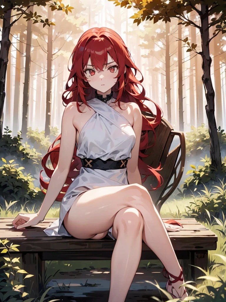 ((masterpiece,Highest quality:1.3)),1woman,30 year old beauty,独奏,((very small head:1.3)),red hair,long hair,blunt bangs,red eyes,gorgeous eyes,shy,Heavy breathing、medium breasts,((very long body:1.2)),((toned body,slender body,skinny)),gleaming skin,shiny skin,wet:1.3,naked,nipples,navel、vagina,Love juice、Short leather boots,sitting,spread legs:1.5,Bathing、stream、forest、sunny、Medieval Europe、nsfw,