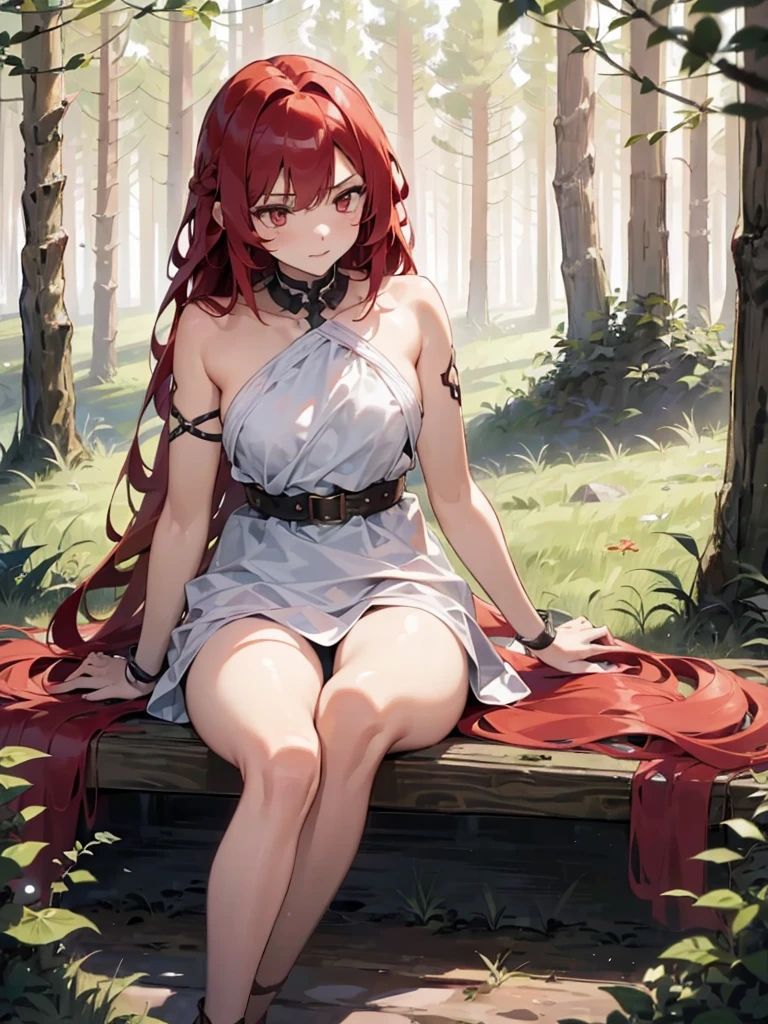 (8k), (best quality), (ultra detailed), (perfect ???????), 1 girl, full height, {{{long red hair}}}, {{{red and golden eyes}}}, sitting on a tree, location is dark forest
