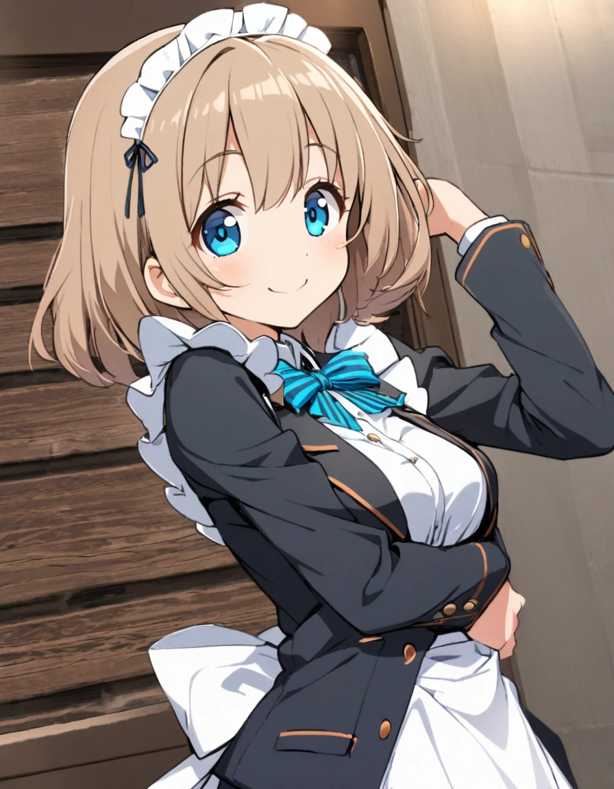 1girl,solo,light brown hair,medium length hair,blue eyes,tareme,kind smile,medium breasts,fusion of blazer and maid