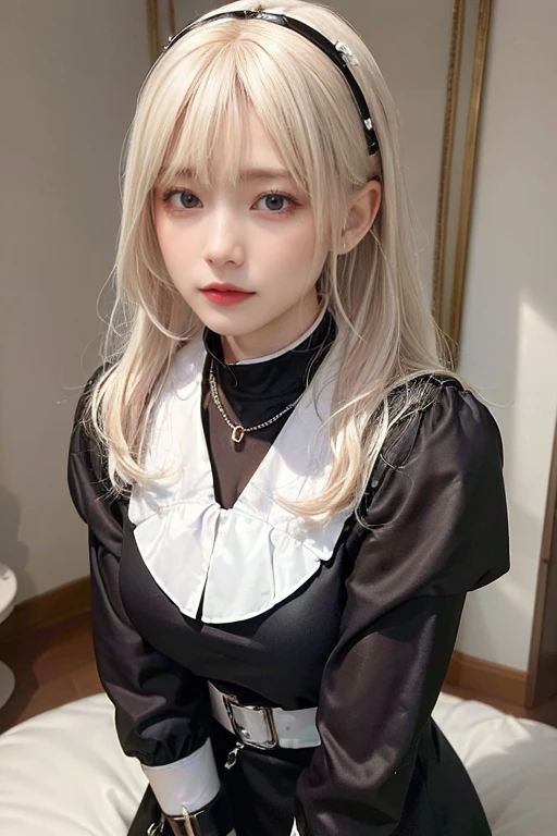 (best quality, 8k, high resolution, lifelike:2.0), (alone, a girl:2.0),(light: front),(light: strong),(Beauty:2.0),(very muscular girl:1.5),(健Beauty孩:1.5),(shiny skin:1.5),(oily skin:1.5),(platinum blonde:1.5),(church location),(((Midi skirt, long sleeves nun wearing tight clothes))),(wearing white),(wear black:1.1)blush brown makeup , dark eye makeup , Use pink glossy lipstick, Wear a cross necklace, ((restraint, )), ((restraint with handcuffs:1.2)),((quilt)),