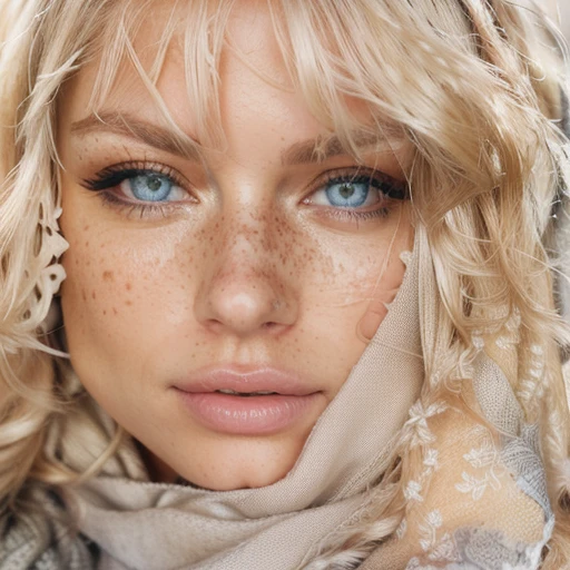 blond woman with freckles and a scarf on her head, soft portrait shot 8 k, blond hair grey eyes, beautiful photorealistic imagery, with stunning gray eyes, ultra realistic 8k octan photo, sexy girl with gray eyes, color photograph portrait 4k, soft freckles, intricate heterochromia sad, soft pale golden skin, 8k artistic portrait photography, dreamy gray eyes