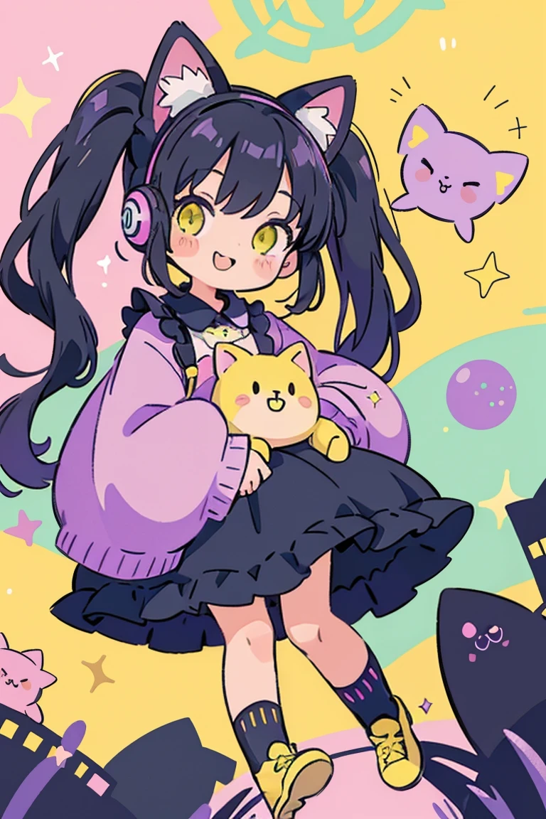 Cat girl, alone, Black Hair,Twin tails,smile,Gothic ta, sleeve, socks, Light pastel colors, (purple, green, pink, yellow), comfortable, dream-like, performer, Stickers, bubble, Sparkling, shine, stuffed toy, Headphones