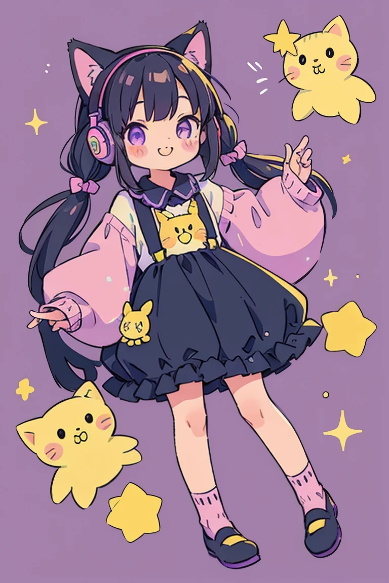 Cat girl, alone, Black Hair,Twin tails,smile,Gothic Lolita, sleeve, socks, Light pastel colors, (purple, green, pink, yellow), comfortable, dream-like, performer, Stickers, bubble, Sparkling, shine, stuffed toy, Headphones