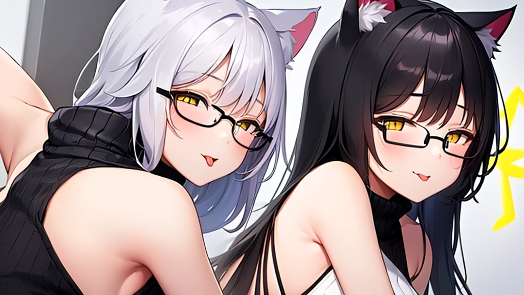 2 women (A 20-year-old female angel with long, white hair, yellow eyes, cat ears, and a glowing yellow halo ring above her head. Wear round glasses (White halter turtleneck sweater, white purekiller sweater, sleeveless, sexy backless sweater, white dress)) (A 20-year-old cat girl with long, black hair, gray eyes, cat ears, and wears round glasses. (Black halter turtleneck sweater, black purekiller sweater, sleeveless, backless sweater, sexy black dress)) stick out your tongue