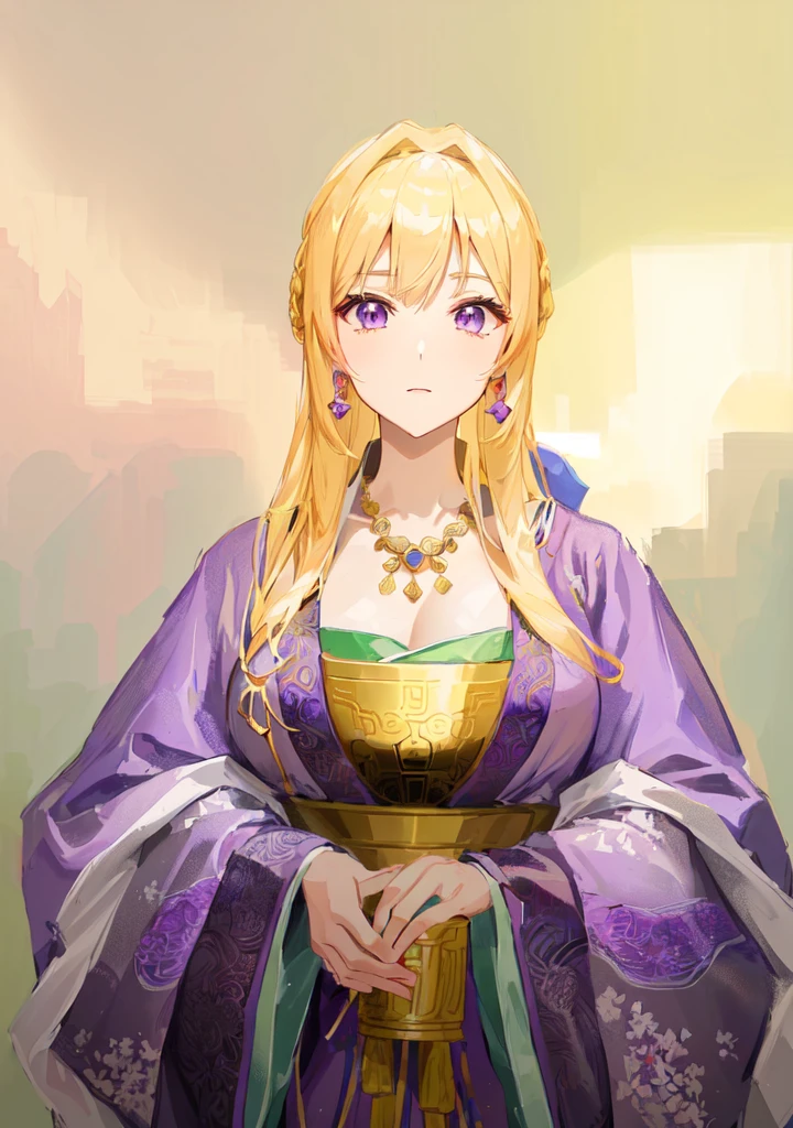 Wearing a purple robe、Cartoon image of a woman holding a bowl, ((Beautiful fantasy queen)), Produced in collaboration with Anime Painter Studio, Anime Goddess, Portrait of the Knights of the Zodiac, elfic priestess, ((Wearing noble robes)), Anime style like fate/overnight, Beautiful fantasy queen, In the anime painter studio，Three Kingdoms，Three Kingdoms志，Chinese style，antiquity，Hanfu，，巨big乳房，Good shape，Royal sister，Purple Eyes，Celluloid，big，Full figure，Noble