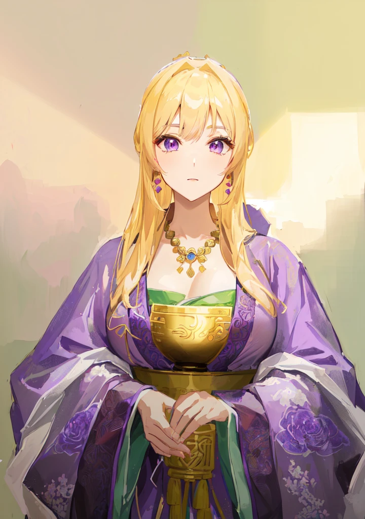 Wearing a purple robe、Cartoon image of a woman holding a bowl, ((Beautiful fantasy queen)), Produced in collaboration with Anime Painter Studio, Anime Goddess, Portrait of the Knights of the Zodiac, elfic priestess, ((Wearing noble robes)), Anime style like fate/overnight, Beautiful fantasy queen, In the anime painter studio，Three Kingdoms，Three Kingdoms志，Chinese style，antiquity，Hanfu，，巨big乳房，Good shape，Royal sister，Purple Eyes，Celluloid，big，Full figure，Noble