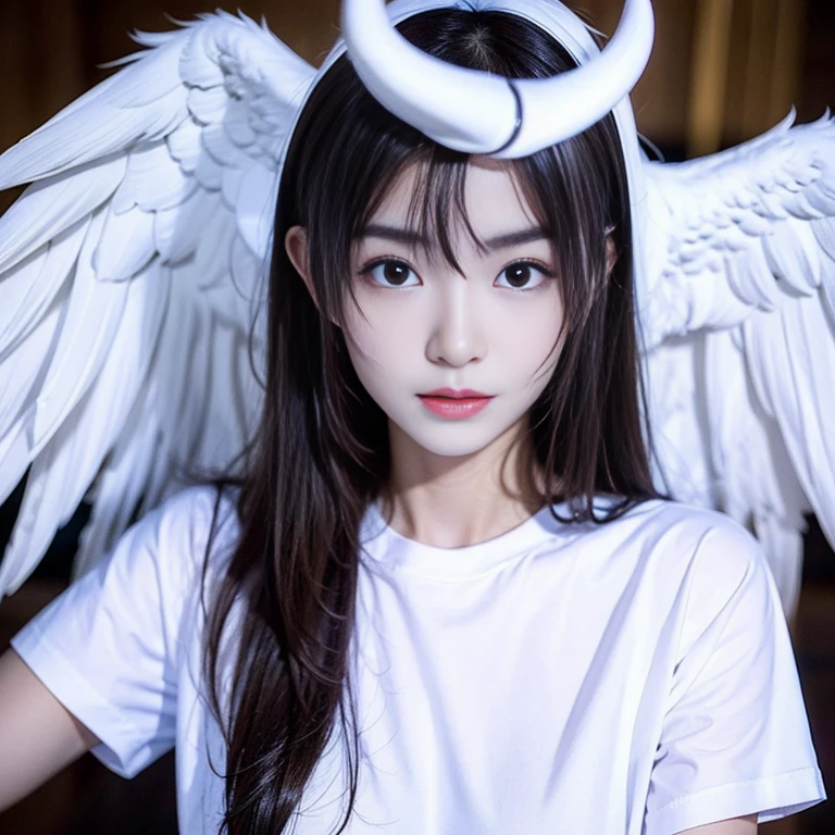 1 girl, white t shirt, wings, black wings, angel, halo, demon horns