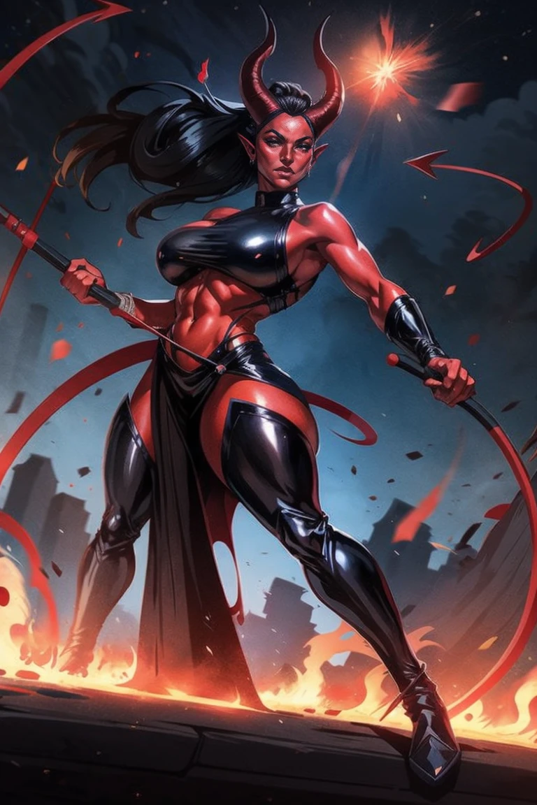 Red skin succubus tiefling, medium breasts, big thighs, black horns, wings, huge tail, black leather, crop top, long flowing pelvic curtain, tall, toned, graceful, thin, long black ponytail. Action scene, whip. Dark scene, explosions, night sky.