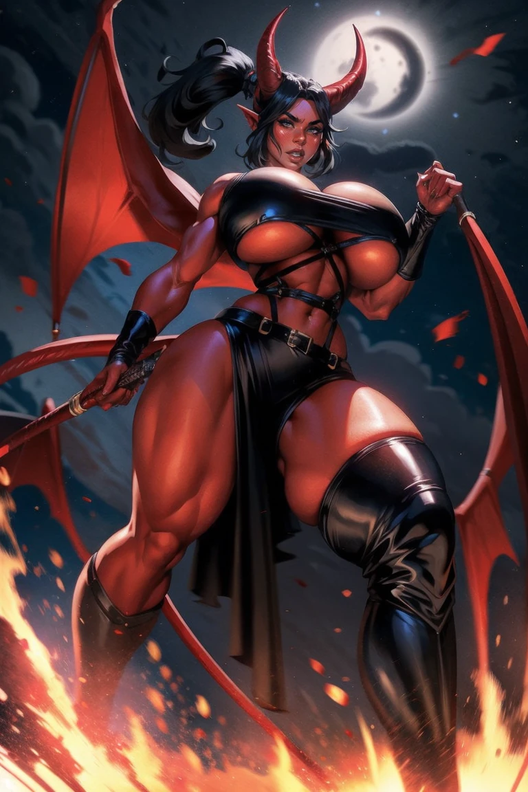 Red skin succubus tiefling, medium breasts, big thighs, black horns, wings, huge tail, black leather, crop top, long flowing pelvic curtain, tall, toned, graceful, thin, long black ponytail. Action scene, whip. Dark scene, explosions, night sky.