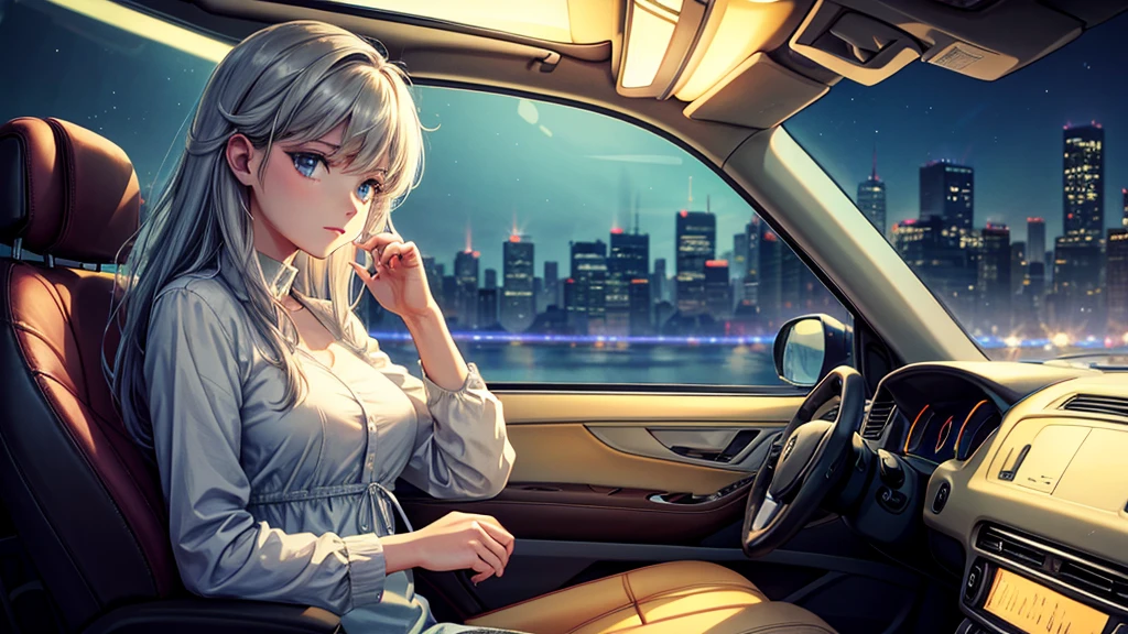 Create an image from the angle inside a car, showing a woman with a thoughtful expression on her face as she gazes out of the side window at the cityscape. The city outside should be visible, illuminated by streetlights and neon signs. Use soft, pastel colors and subtle gradients to capture a dreamy, reflective atmosphere. Ensure the interior of the car feels cozy and comfortable, adding to the overall serene vibe.