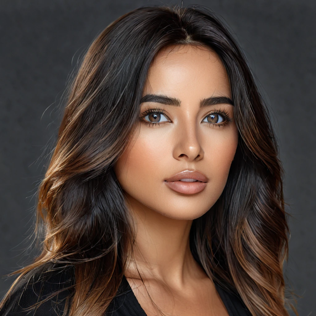 A photoreal portrait of a stunning 28-year-old Latina model showcases her oval face, straight black hair, and striking grey eyes. Her beautiful lips accentuate her wheatish skin with light brown tone highlights. Dressed in a chic black top, the image should be full body shot, 8k hdr, high detailed, and focused on capturing her mesmerizing beauty. The lighting should be soft and golden to enhance her radiance.