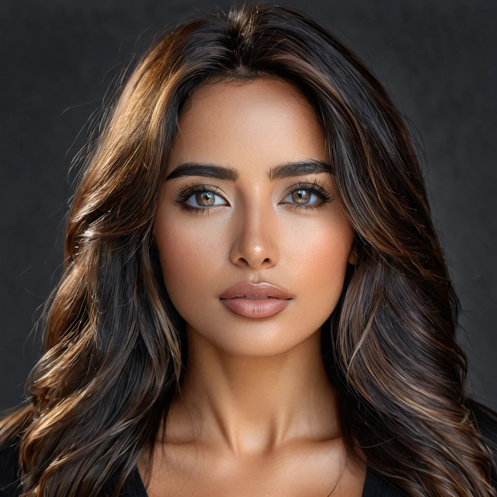A photoreal portrait of a stunning 28-year-old Latina model showcases her oval face, straight black hair, and striking grey eyes. Her beautiful lips accentuate her wheatish skin with light brown tone highlights. Dressed in a chic black top, the image should be full body shot, 8k hdr, high detailed, and focused on capturing her mesmerizing beauty. The lighting should be soft and golden to enhance her radiance.