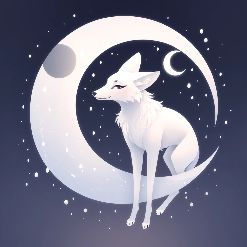 all white and crescent moon and droplets in fox art style
