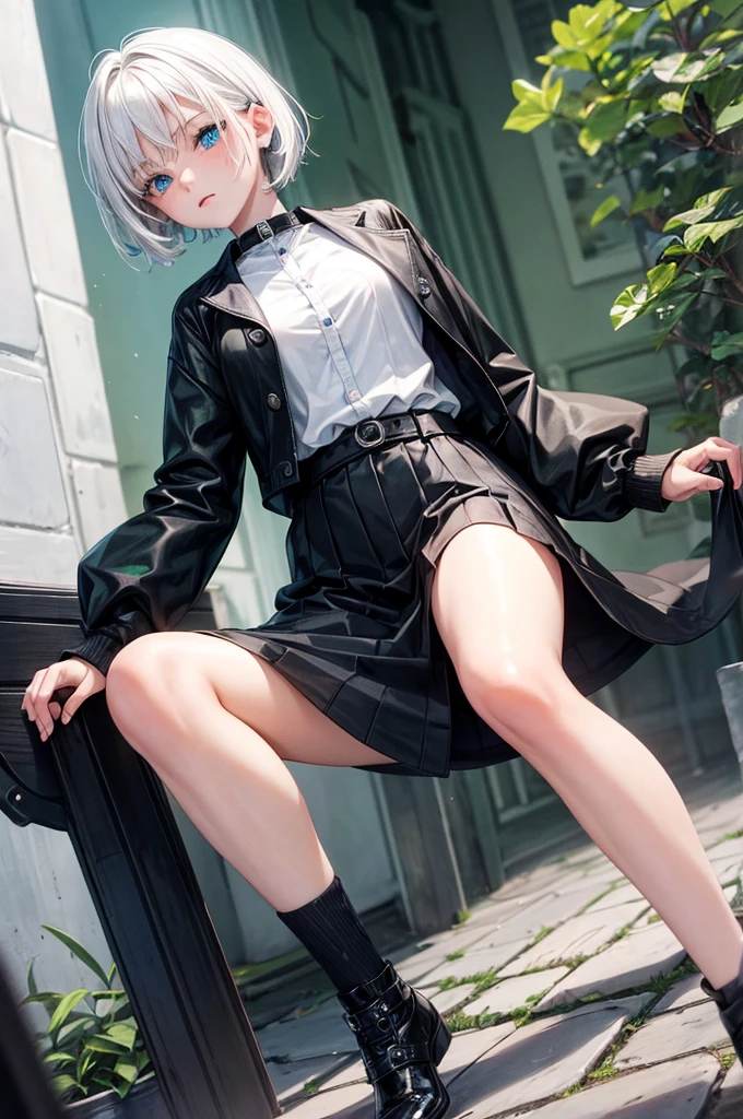  woman, adolescent, short white hair and blue eyes, wearing black and green clothes