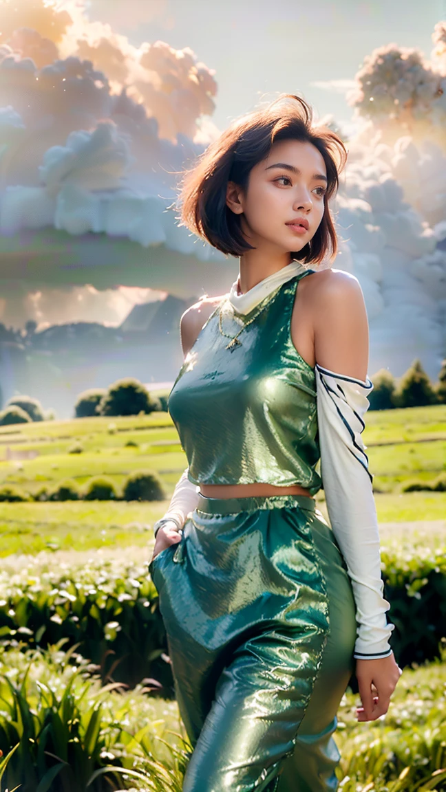 (Practical:1.3), Meticulous attention to detail, quality, Rembrandt Lighting, (masterpiece:1.2), (photoPractical:1.2), (best quality), (Delicate skin:1.3), (Intricate details), dramatic, Ray Tracing, 1 Girl, short hair, 21 years old, Medium breasts, (grassland, sun, cloud, site, agriculture, Starlight, Walking trails)