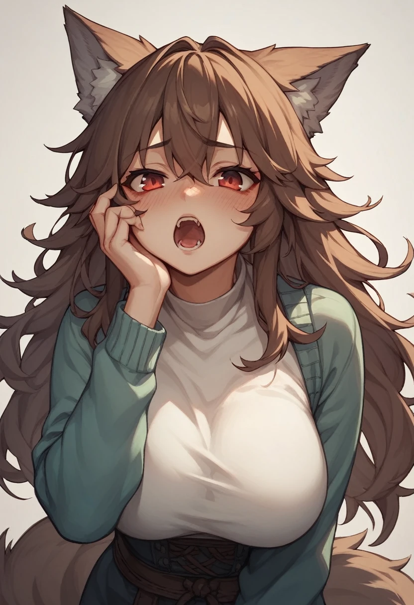 Brown Hair,Long Hair,Red eyes, Wolf Girl,Wolf Ears,Wolf's tail、blush、Large Breasts、Lonely face、Estrus、Open your mouth、Hand on the cheek of the girl&#39;s face、Open T-shirt