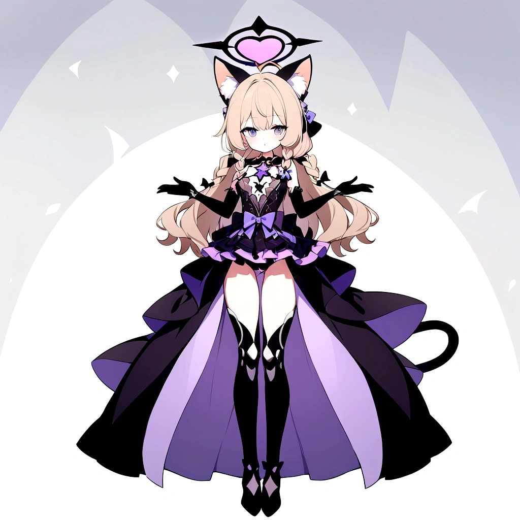 woman 170 cm tall, slim build, medium chest, wide hip. (character design sheet: front view). (Hip-length dark blonde hair with a short center strand, wavy hair with curls, She has a short braid tied with an elegant purple bow on the left side of her hair.. She has a short braid tied with an elegant purple bow on the right side of her hair). Gray eyes with purple. Two black and purple serval ears located on the top of the head. Luminous black halo with purple star patterns above his head. black necklace with heart emblem on the neck. (Elegant one-piece long dress with lace and ruffle skirt, ribbon decorations and star patterns on the dress). black gloves. gray belt at the waist with a large ribbon with a luminous pink heart in the middle. It has a succubus tail with a small purple star on the tip. (It has complex mechanical legs that reach up to the thighs and are black with small purple details.). beautiful detailed hair, beautiful detailed dress. extremely detailed arms. extremely detailed face, small face, Beautiful detailed eyes, beautiful detailed lips. adorable. extremely detailed legs. (Best Quality, 4k, 8k, high resolution), ultra detailed, Exquisite and epic character art.