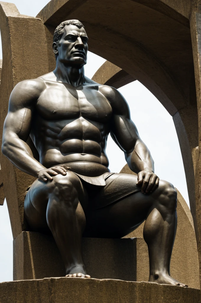 Giant statue in a park of a strong black man in his underwear with his hands raised to the sky.