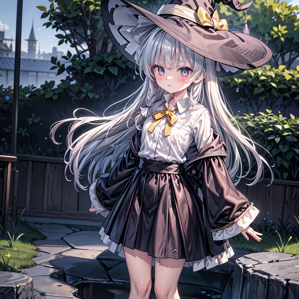 front view, masterpiece, 1girl, glister hair, big eyes,((showing pussy)), armpit, dancing, sweat, wet, see-through, ((silver hair)), armpit through shirt sleeve, no bra, very loose shirt, white shirt, plead skirt, highly detailed face, highest detailed CG, perfect figure, perfect ???????, medium breasts, slim, 14 years old, solo, 1 girl, beach, mini skirt, full eye open, bangs, arm raiser, peace sign, knee closed, leg close, Elaina, elaina \(majo no tabitabi\), black_headwear, black_robe, bow, bowtie, collared_shirt, hat, hooded_robe, long_hair, long_sleeves, open_clothes, open_robe, ribbon, robe, shirt, white_shirt, witch, witch_hat, yellow_bow, yellow_bowtie, yellow_ribbon,