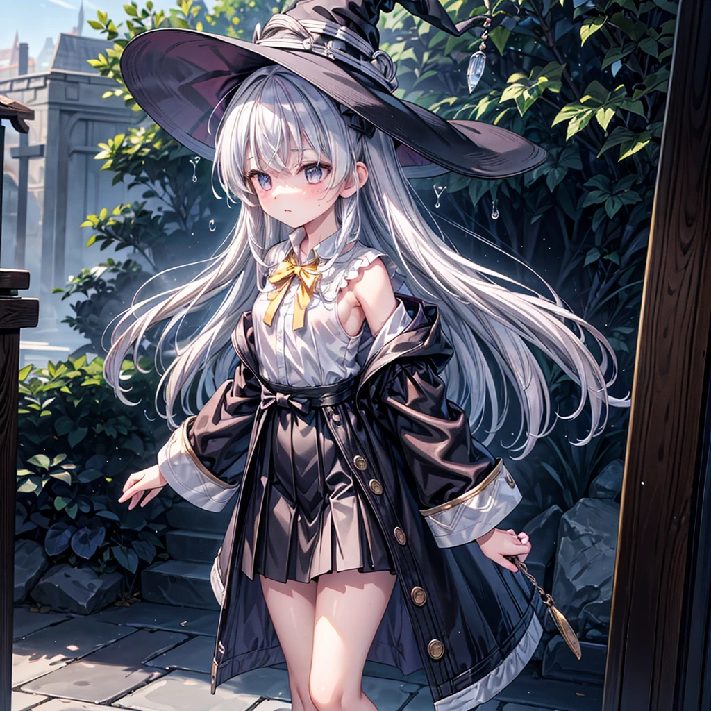 front view, masterpiece, 1girl, glister hair, big eyes,((showing pussy)), armpit, dancing, sweat, wet, see-through, ((silver hair)), armpit through shirt sleeve, no bra, very loose shirt, white shirt, plead skirt, highly detailed face, highest detailed CG, perfect figure, perfect anatomy, medium breasts, slim, , solo, 1 girl, beach, mini skirt, full eye open, bangs, arm raiser, peace sign, knee closed, leg close, Elaina, elaina \(majo no tabitabi\), black_headwear, black_robe, bow, bowtie, collared_shirt, hat, hooded_robe, long_hair, long_sleeves, open_clothes, open_robe, ribbon, robe, shirt, white_shirt, witch, witch_hat, yellow_bow, yellow_bowtie, yellow_ribbon,
