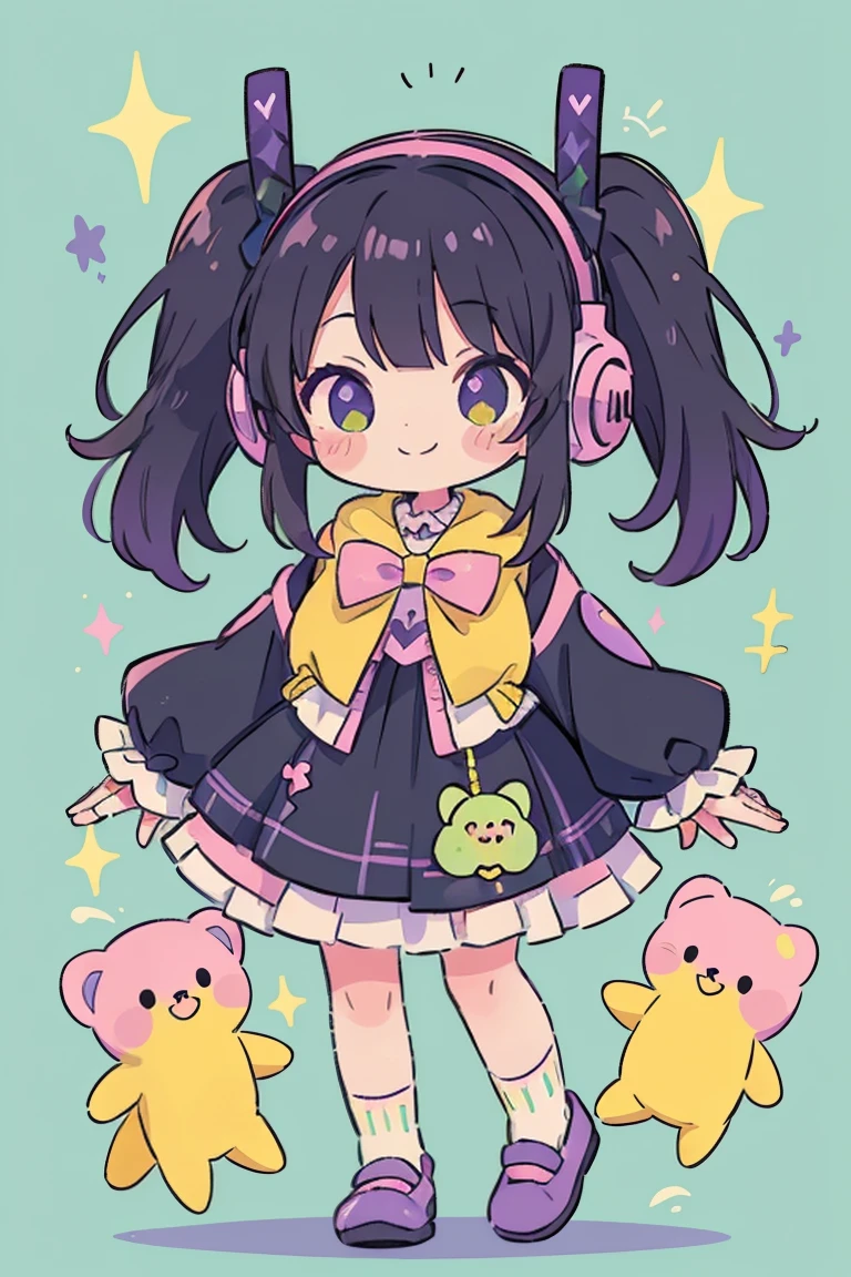 girl, alone, Black Hair,Twin tails,smile,Gothic ta, sleeve, socks, Light pastel colors, (purple, green, pink, yellow), comfortable, dream-like, performer, Stickers, bubble, Sparkling, shine, stuffed toy, Headphones