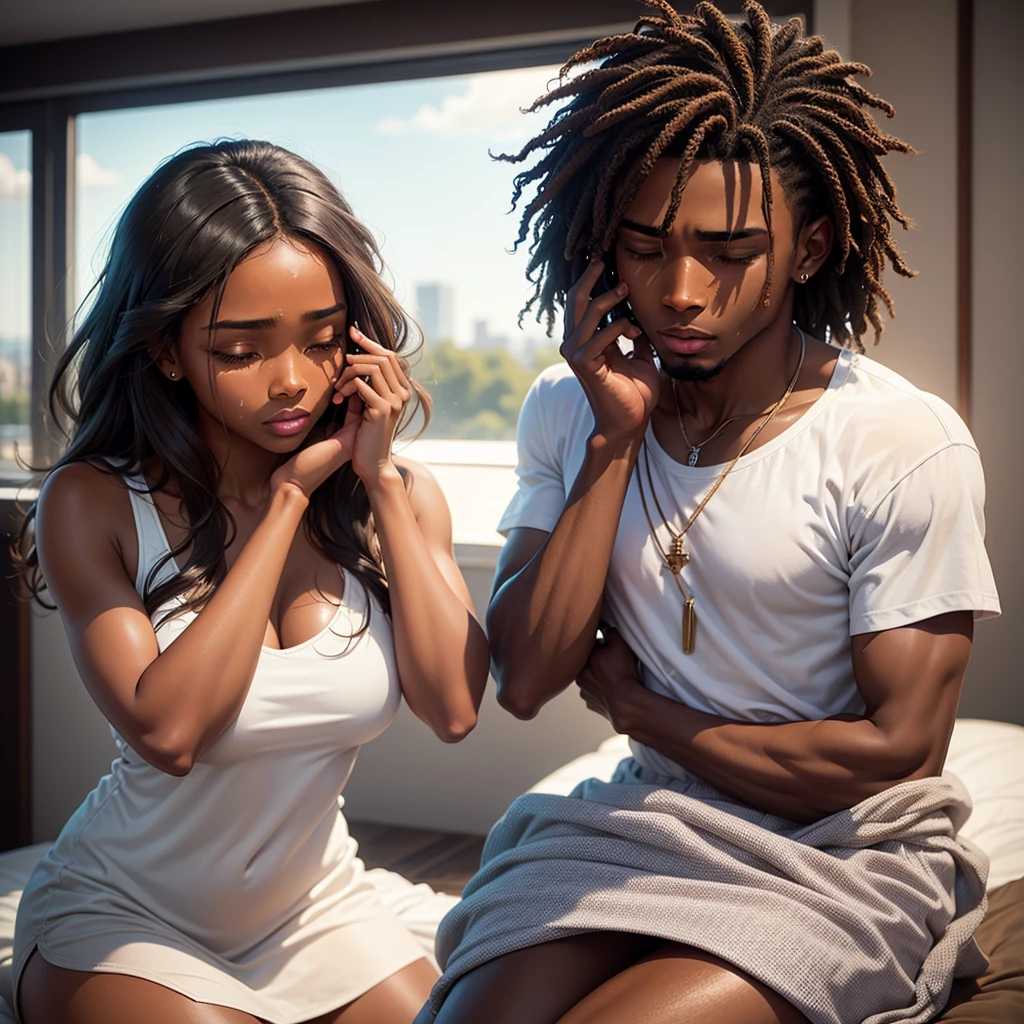 Mighty male angel brown skin complexion wiping the tears from a female Angel's face