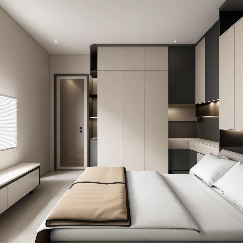 best quality, masterpiece, Interior design, cream tone, 1000k, industry style:1.2, bedroom