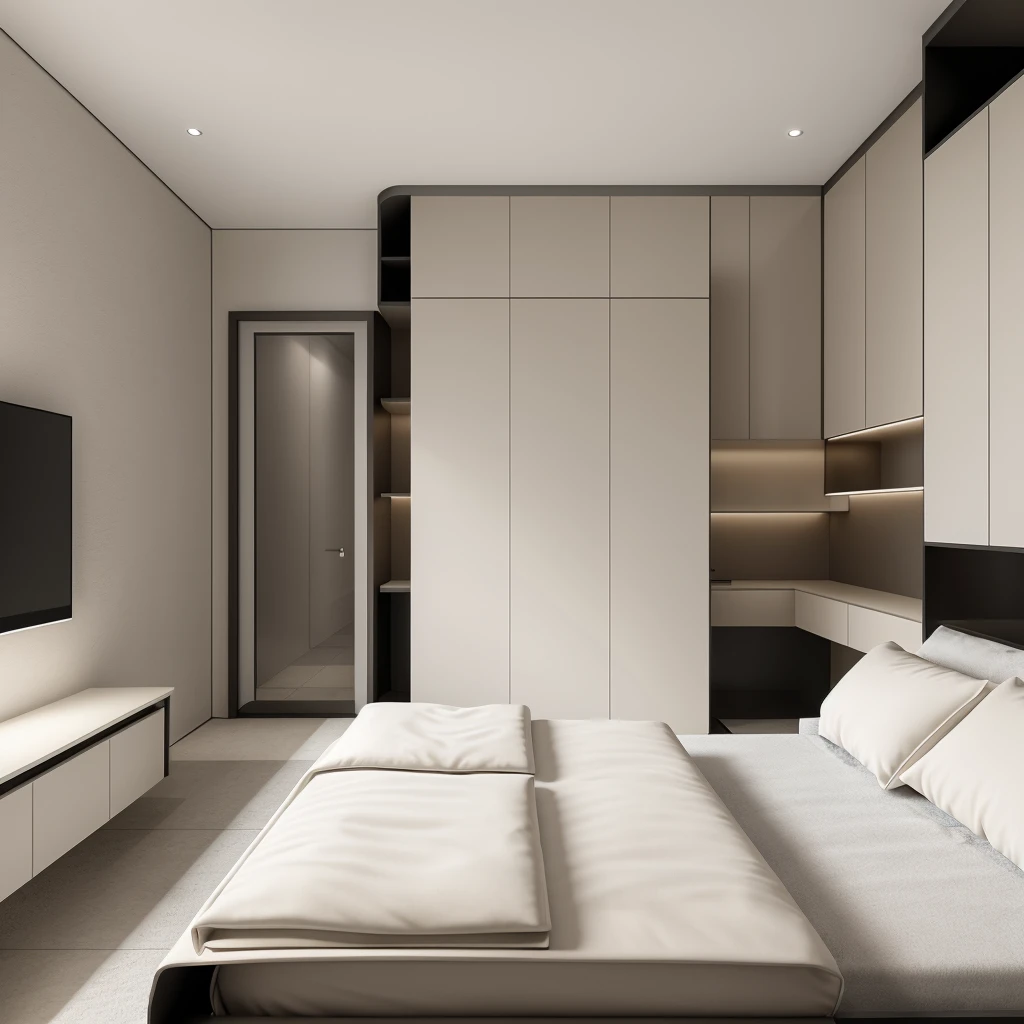 best quality, masterpiece, Interior design, cream tone, 1000k, industry style:1.2, bedroom