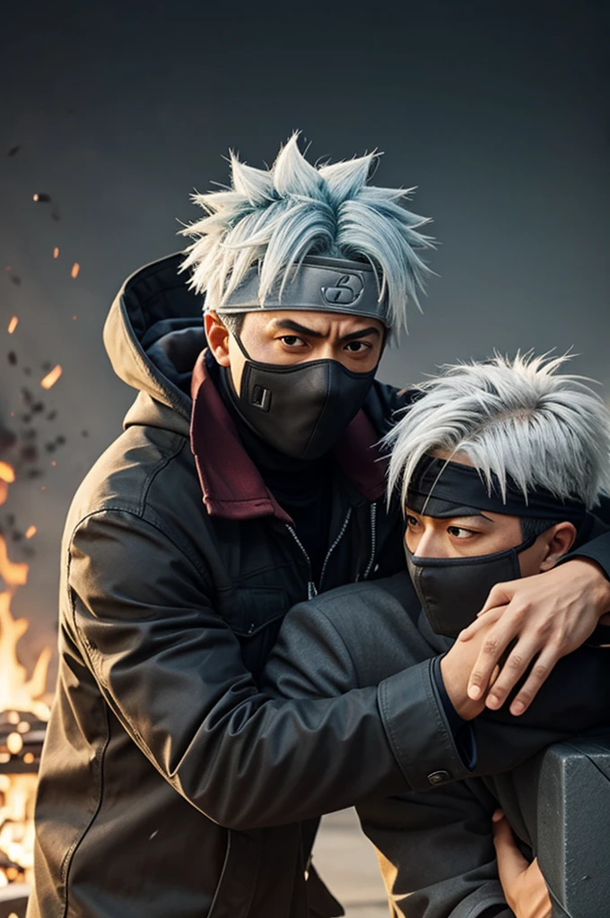 Kakashi's red hair is short, he is angry, he is sitting while feeling hate