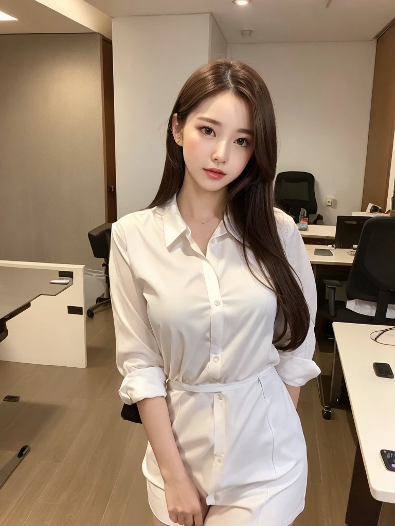 Mature Young,Office Clothes,Erotic style,very cute,whole body,Beautiful and soft skin、Perfect Face、Perfect Face,Gorgeous long brown hair,8K resolution,Ultra-realistic,Very detailed,high quality,Fashionable erotic beautiful immature woman ,(Look at the viewers)
