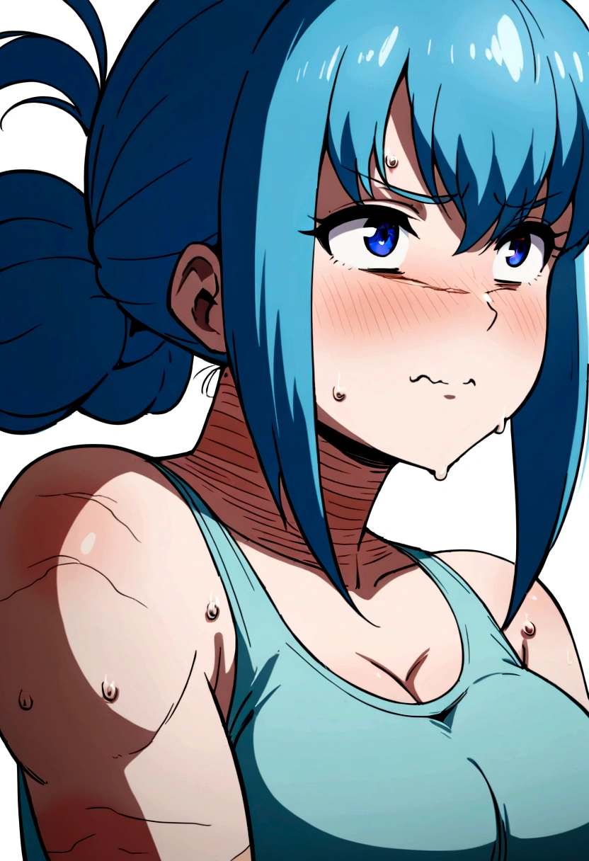 1 anime woman, big and tied hair, The color blue, dark blue eyes, wearing women's tank top, very fleshy mouth, some scars on the arms and neck. Anime style with thicker strokes, White background