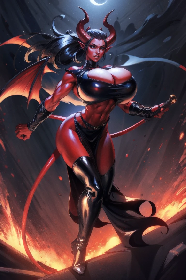 Red skin succubus tiefling, large breasts, black horns, wings, huge tail, black leather, crop top, long flowing pelvic curtain, tall, toned, graceful, thin, long black ponytail. Action scene, whip. Dark scene, explosions, night sky.