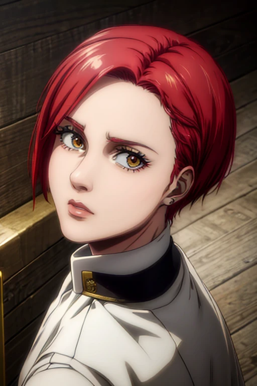 35 year old woman, channel red hair, gold eyes, neutral expression, White military uniform, liberia, Marley