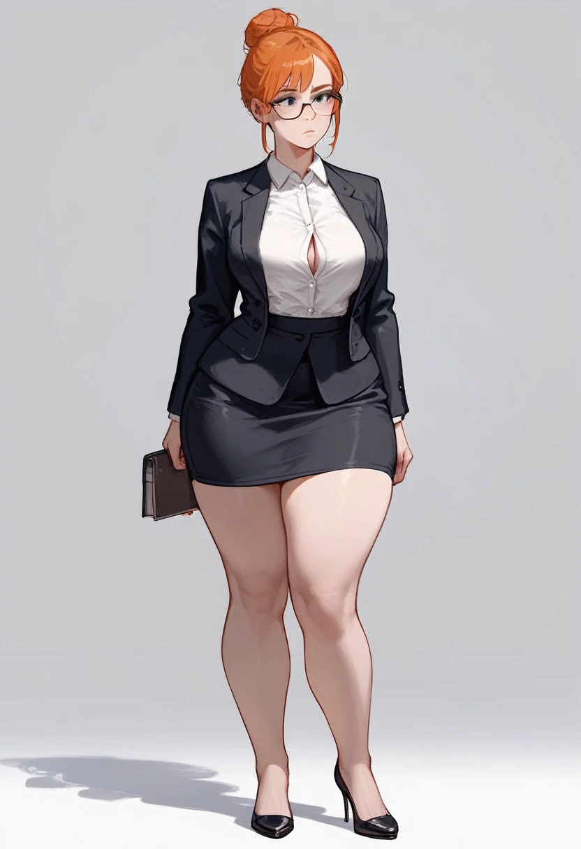 female teacher, pale porcelain skin, short ginger hair in a sleek hairbun, strict facial expression, glasses, wearing a black blazer over a white blouse, busty, wearing a tight black pencil skirt, has wide hips, thick thighs, large thighs, thighs pressed together, thick legs, wearing small black slip on flats on her feet, standing, entire body showing including legs and feet, feet shown in photo, standing far away