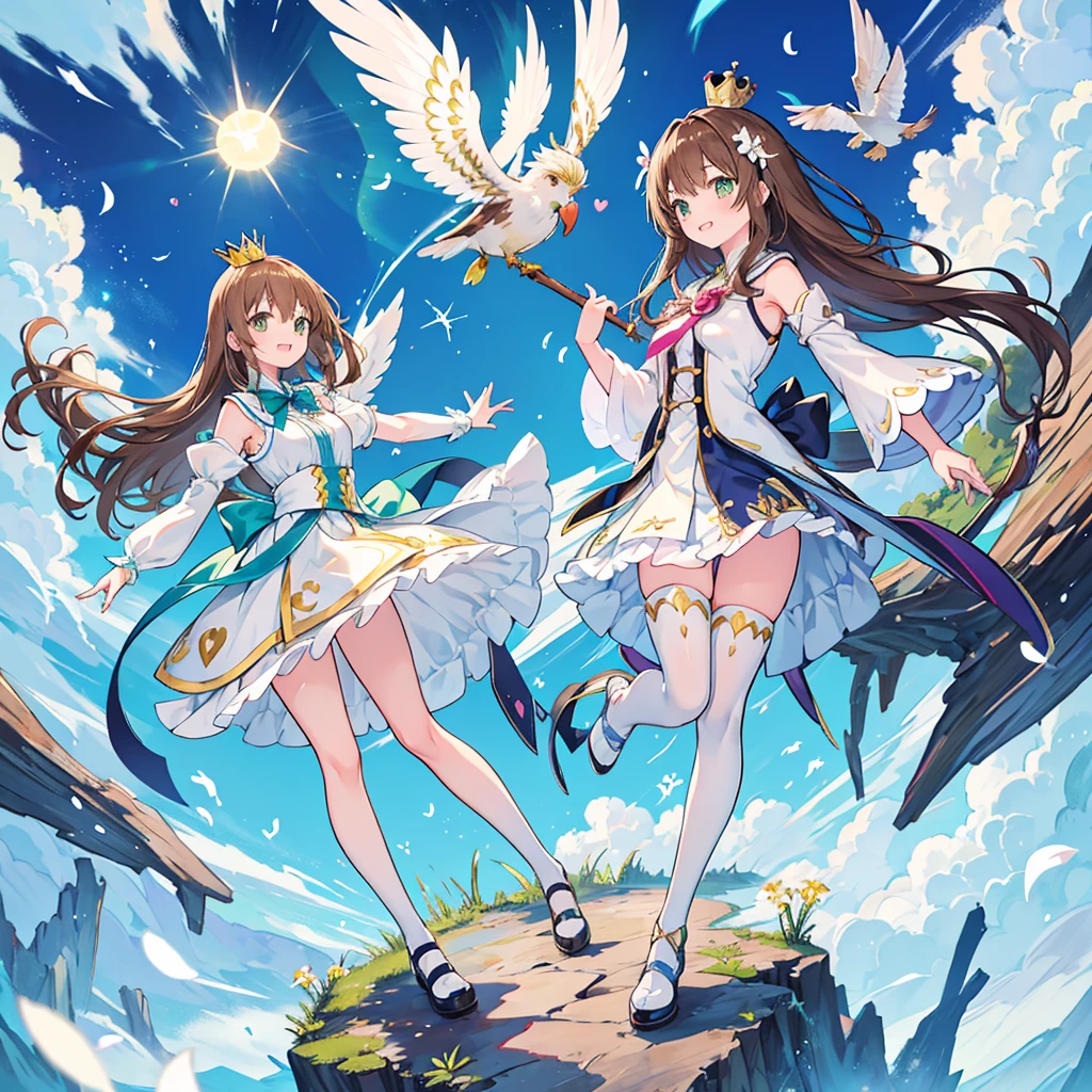 kawaii, anime, Cute, hyper quality, highly detailed, 16k, Front facing, Clarity, full body, smile, one girl, long brown hair, green eyes, Magical girl, , brown hawk wings on the back, heart stick, heart, over knee socks, ribbon, open your mouth and laugh, light dances, A bird of light flaps its wings, brandish a stick, morning sunshine, magic effect, magic attack, heart effect, accessories, cute costume, white petals dance, flower blooming hill, white sardine flower, blue sky, crown, a brown bird flapping its wings, clear sky, Light of the sun, long magic stick, white actinidia arguta flowers,