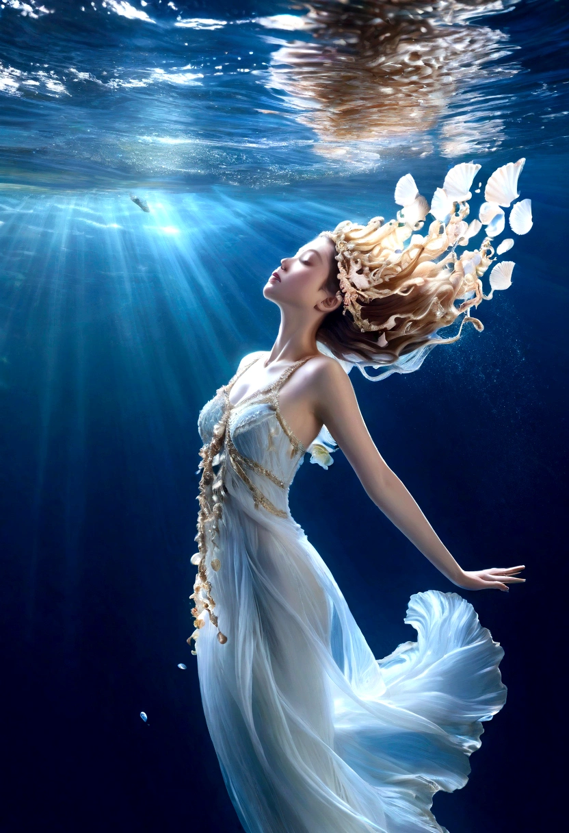 An ethereal rendering of a lady submerged in the depths of the ocean, her body adorned with delicate seashells and her hair flowing freely in the currents.