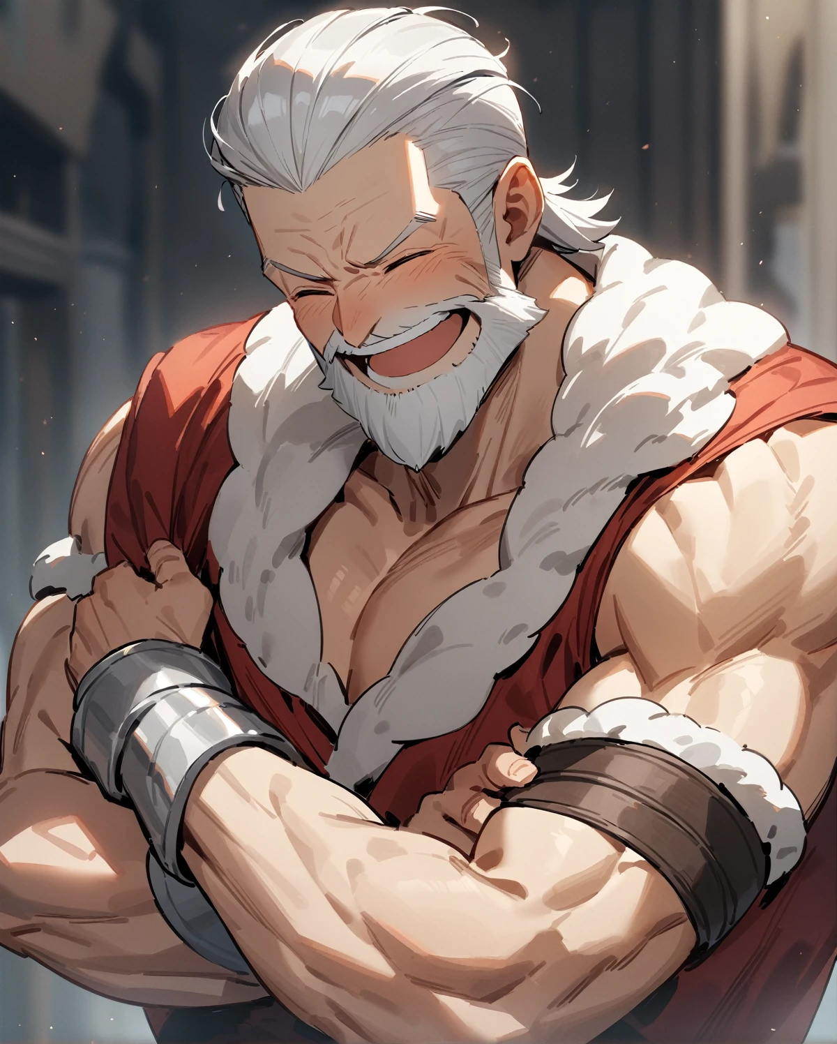 Pixar, dad, big pecs, big arms, belly, shirtless, in white boxer briefs, big legs, age 60, white hair, furry chest, bearded, horny, with open kimono robe,