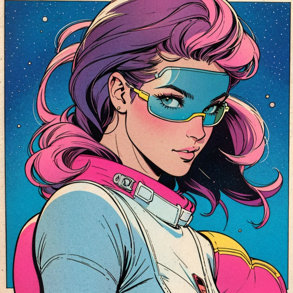 ultimate best quality,beautiful woman,speech bubble,big brest,galaxy,60s,70s,80s,colorful,cosmo,space,sunglass, profile view, head to shoulders, 1 woman