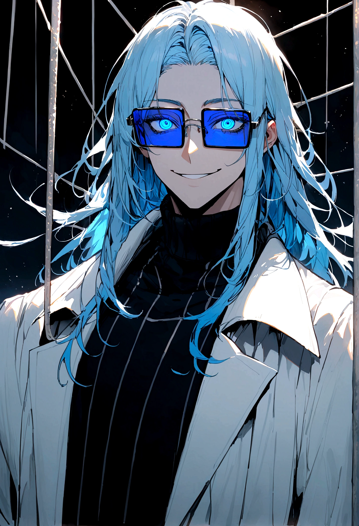 Tall man, wide shoulders, white overcoat, black turtleneck, light blue hair, shoulder length hair, thick hair, dark blue piercing eyes, ringed eyes, rectangular wire sunglasses, maniacal smile