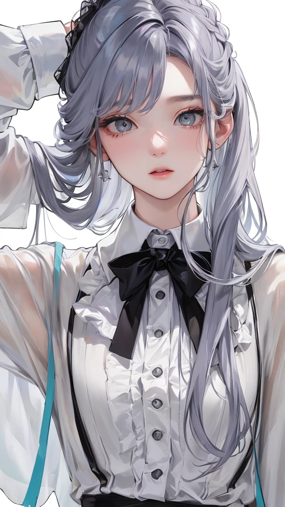 (Top resolution、Distinct_image)top-quality、femele、​masterpiece、highly detailed、Semi-realistic、grey  eyes、18year old、young、smart Casual clothing、Exquisite facial features、Facial features、unique hairstyle, variations, potrait, white background