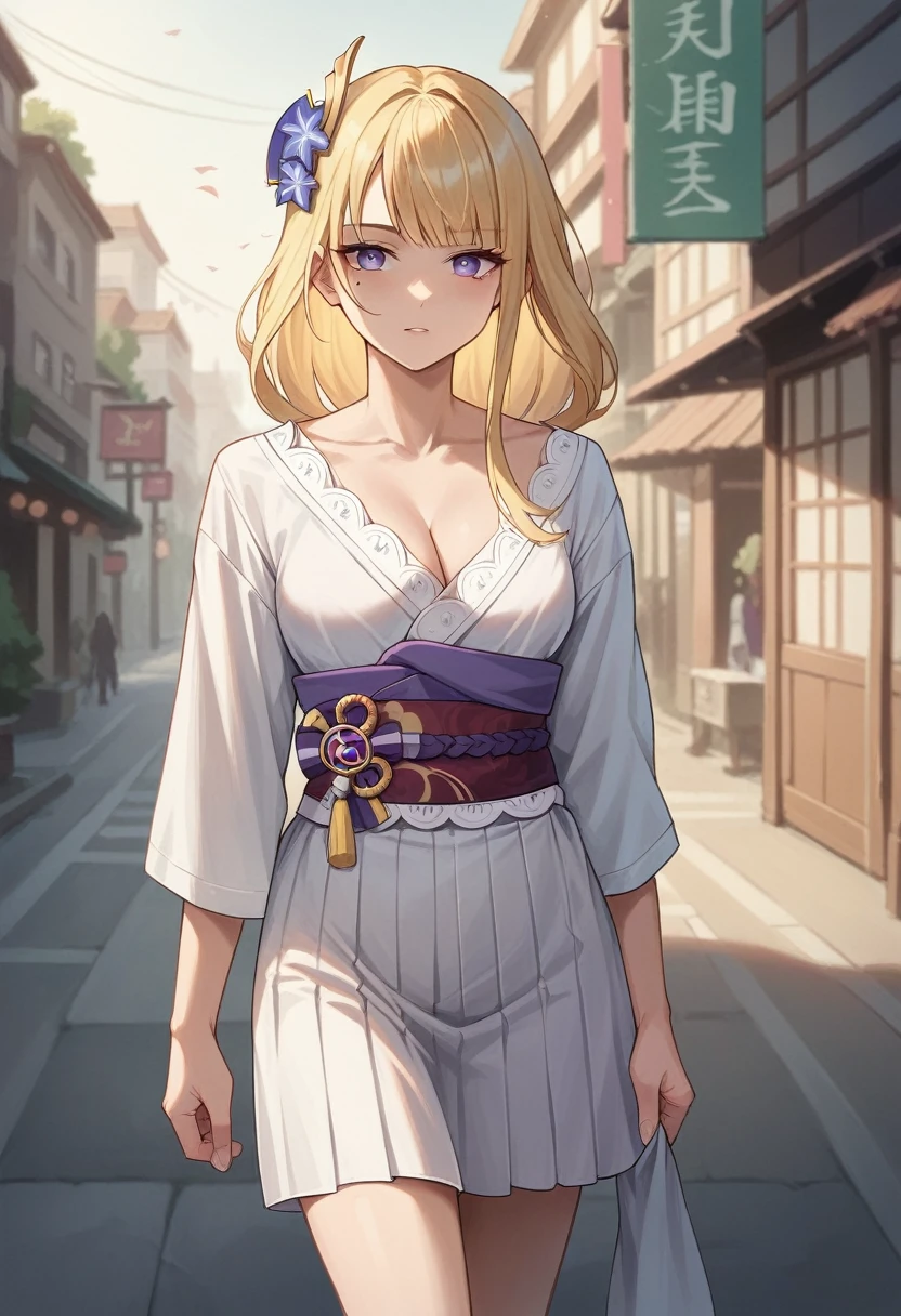 best quality, masterpiece, realistic photo, intricate details, raw photo, ultra detailed, old fashioned young woman, with peasant style dress, no necklines, blonde hair, perfect detailed and blue eyes, walking in an old city, HD quality, 8K, young woman, raiden shogun, anime