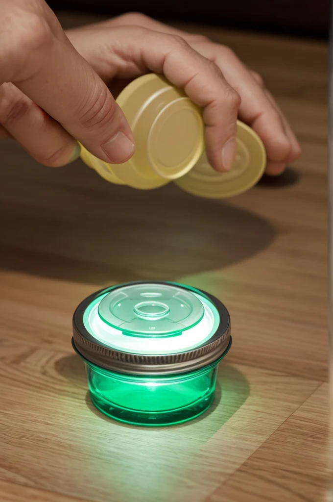 Create an image of a bottle pill. The bottle should have two buttons on the lid and a light on top of the lid. Make sure both the buttons and the light are clearly visible as part of the lid design
