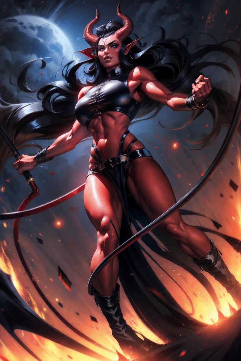 Red skin succubus tiefling, medium breasts, black horns, wings, huge tail, black leather, crop top, long flowing pelvic curtain, tall, toned, graceful, thin, long black ponytail. Action scene, whip. Dark scene, explosions, night sky.