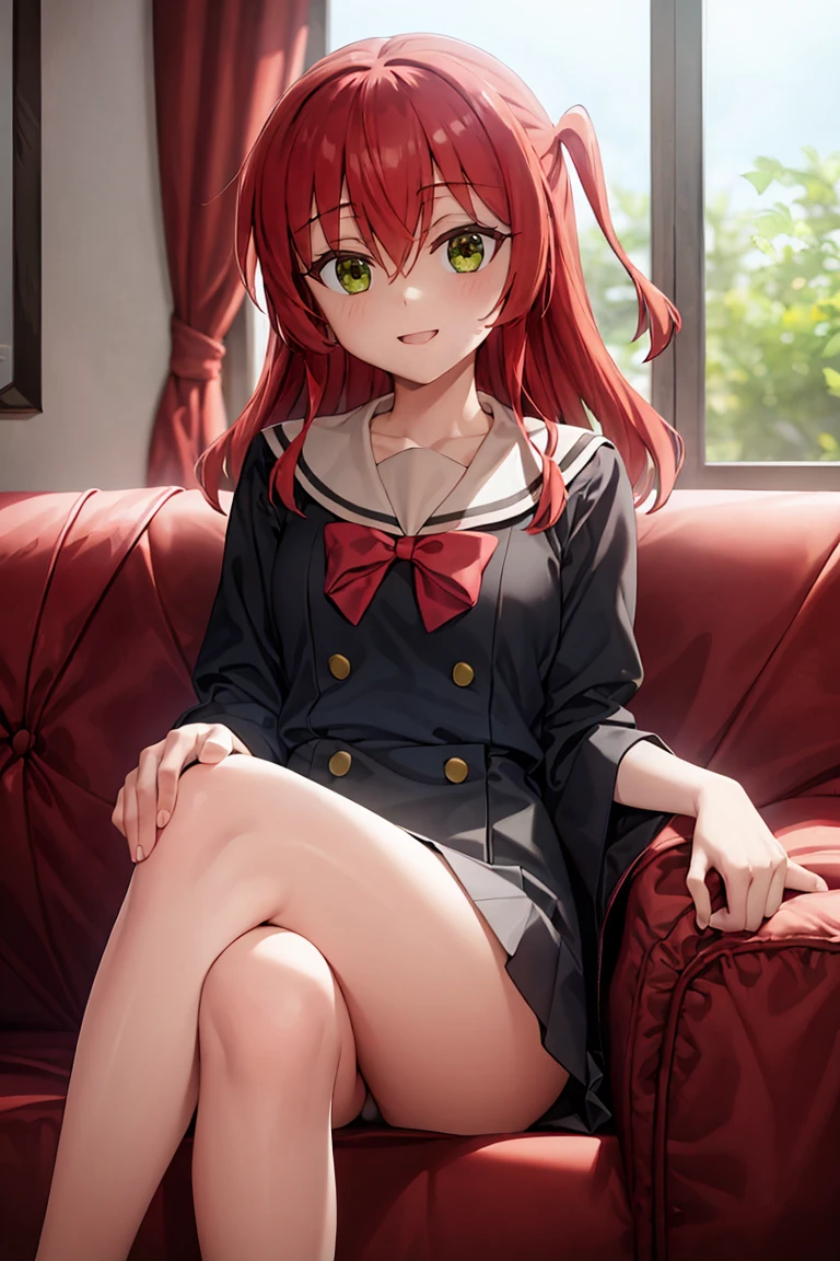 room, 1 Girl, Highest quality, Ultra-high resolution, Long Hair, Redhead, Green Eyes,Sailor suit、mini skirt, Looking at the audience, Small breasts,Thighs、 Sitting on the sofa,Legs crossed , smile, Open your mouth,